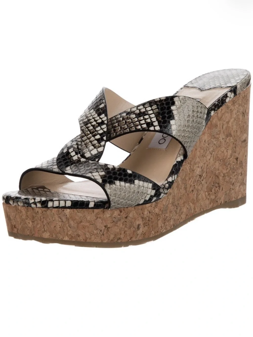 Jimmy Choo Black and White Snakeskin Cork Wedge Slides